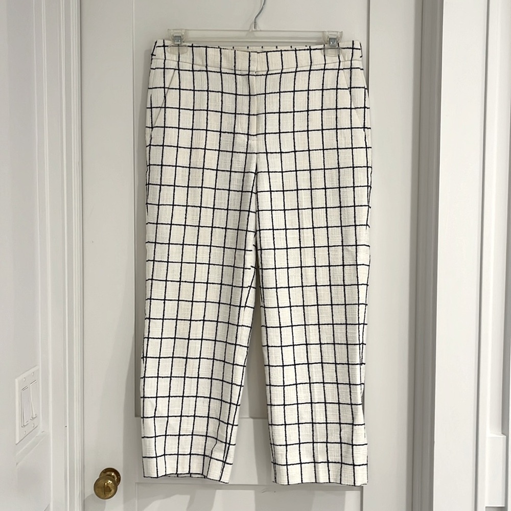 J. Crew cropped patio pant in ivory with navy window pane pattern.